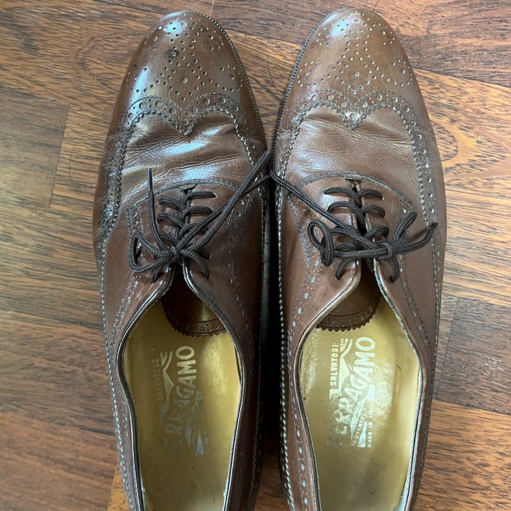 Salvatore Ferragamo Oxford Brown Oxblood Wingtip Brogue Dress Shoes